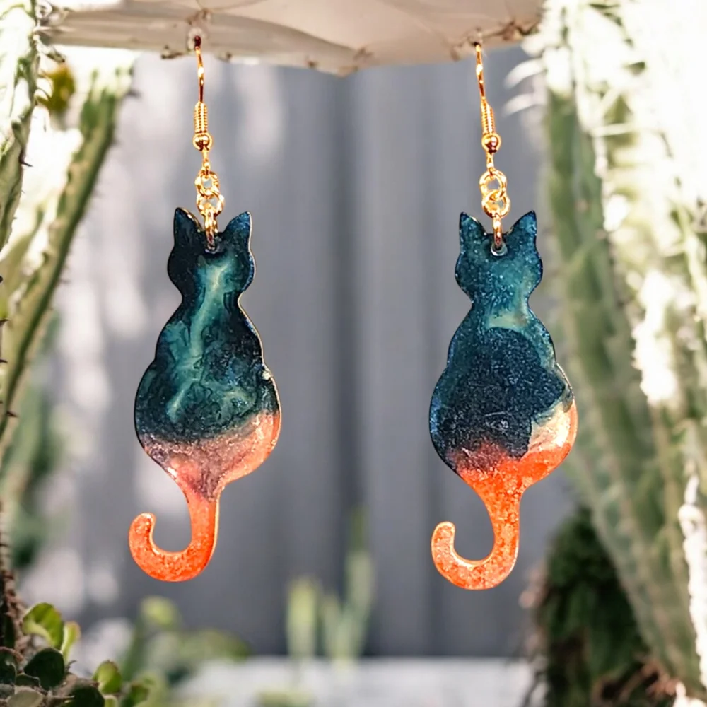 Purrfectly Cosmic/Handmade Dangle Rose Gold Cat Earrings - Picture 1 of 2